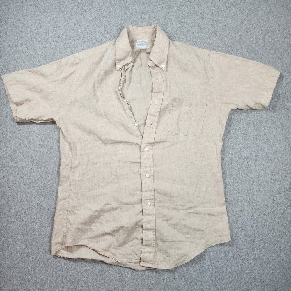 Brooks Brothers Linen Shirt Mens M Tan Fair Short Sleeve Button Down Irish Linen